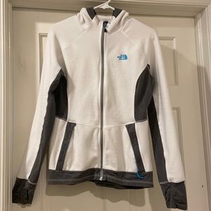 White/grey fleece hooded north face jacket- medium
